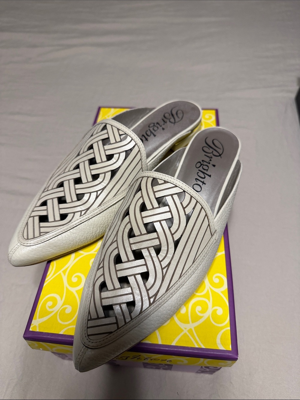 Brighton White Woven Pointed Slip-On Mules